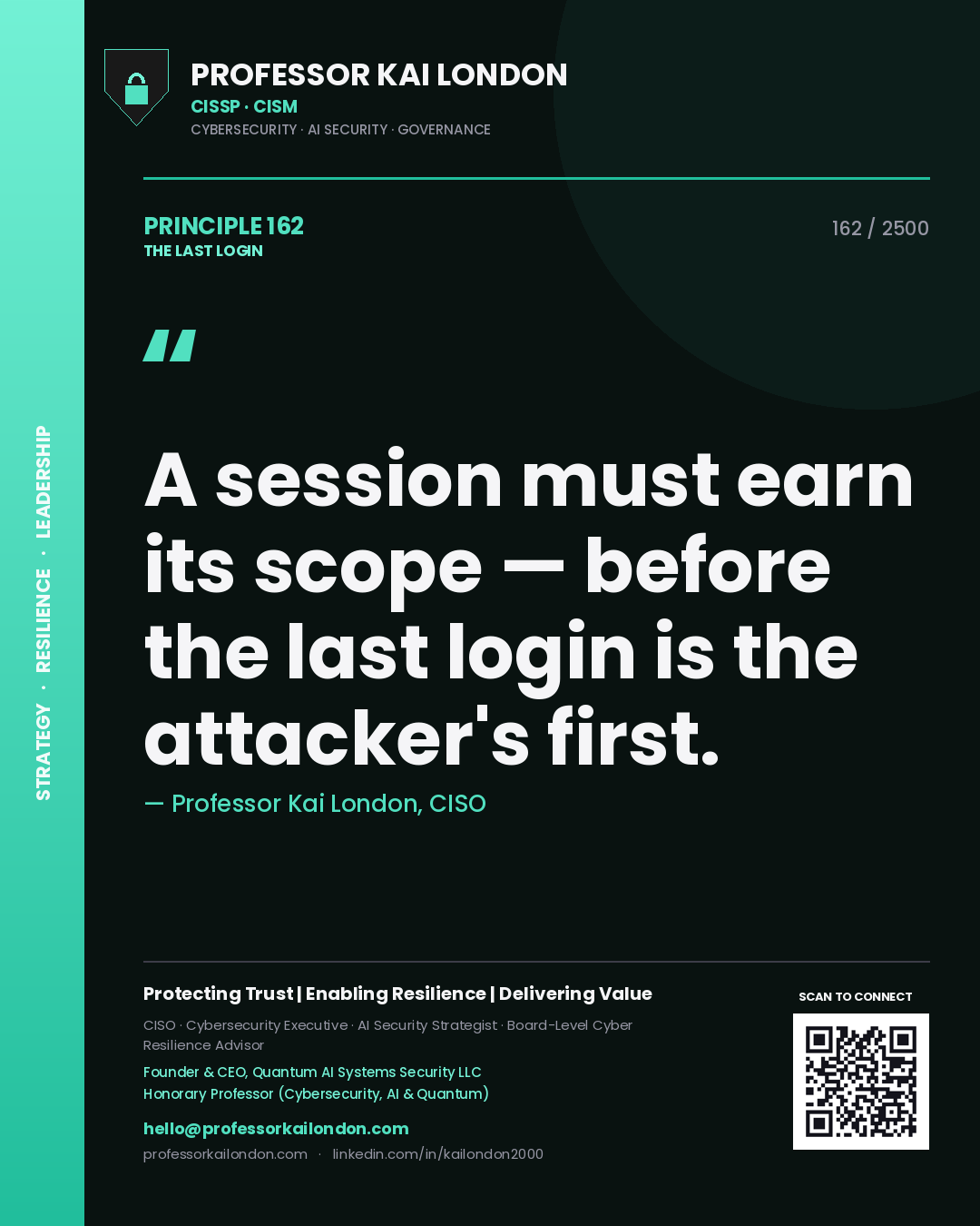 Quote card by Professor Kai London reading 'A session must earn its scope — before the last login is the attacker's first.'. From the book The Last Login.