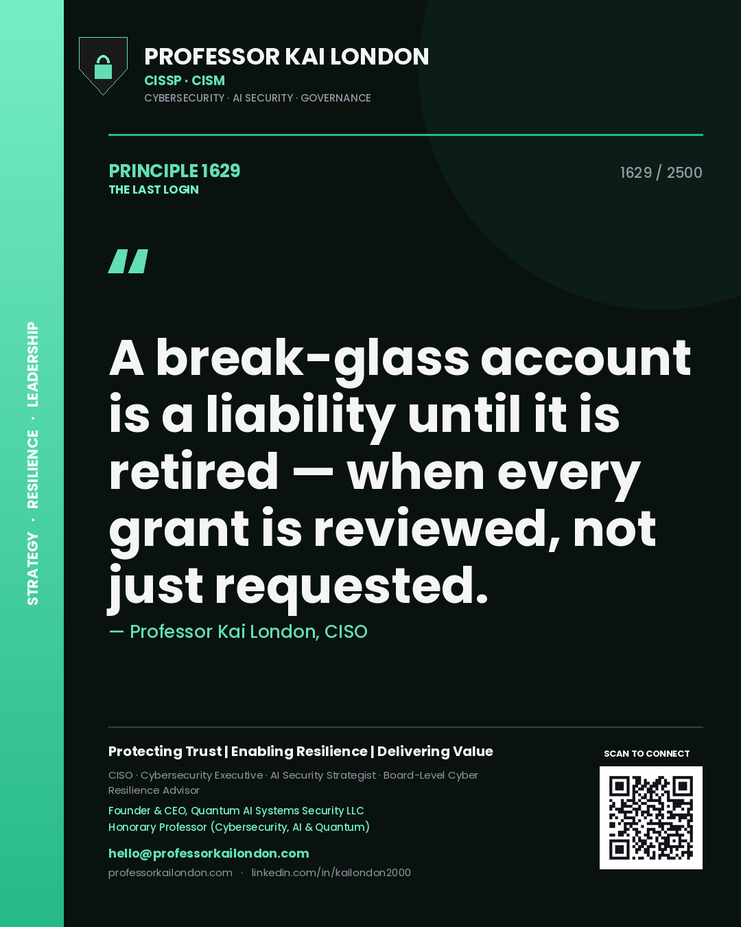 Professor Kai London principle 1629: A break-glass account is a liability until it is retired — when every grant is reviewed, not just requested.