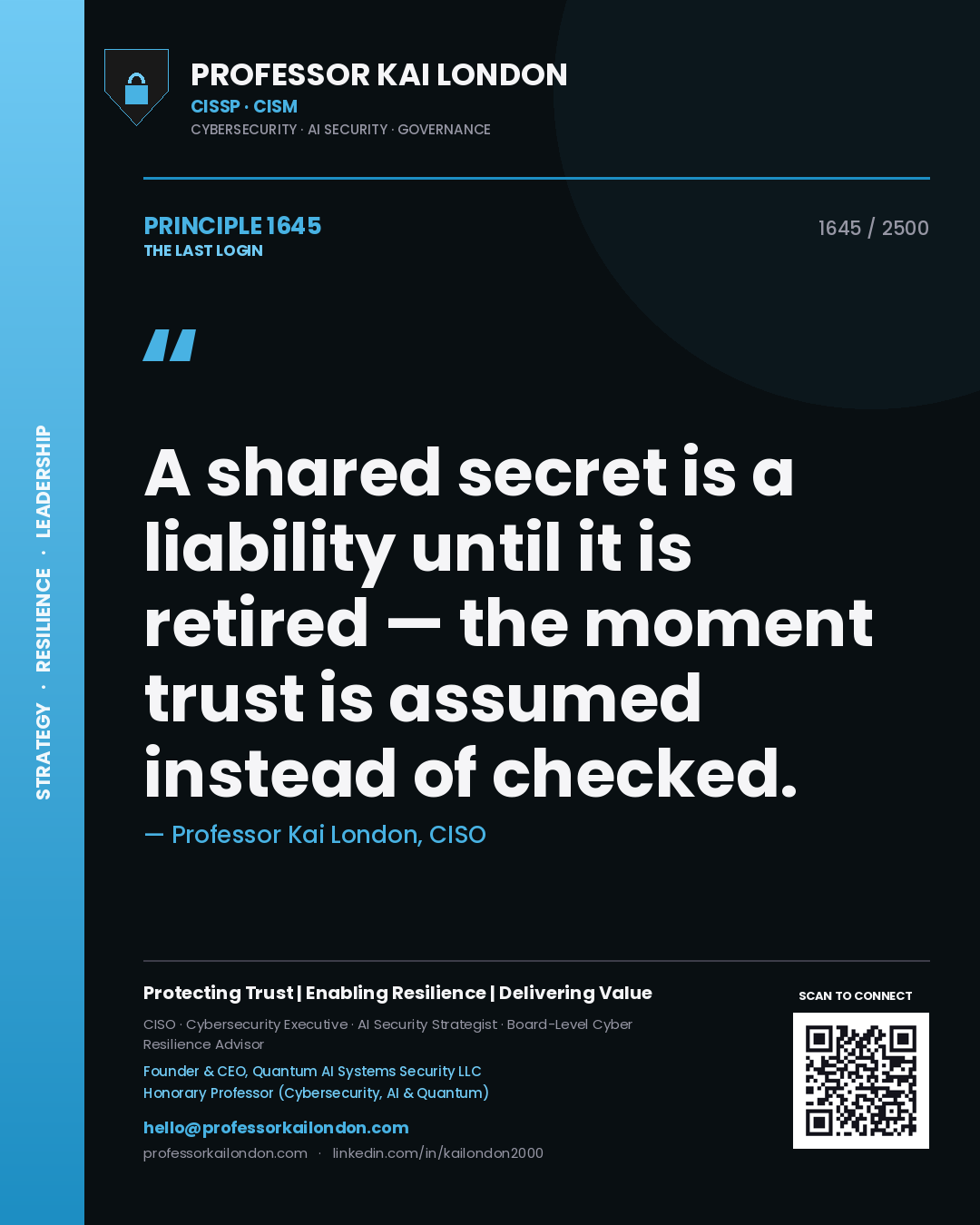 Quote card by Professor Kai London reading 'A shared secret is a liability until it is retired — the moment trust is assumed instead of checked.'. From the book The Last Login.
