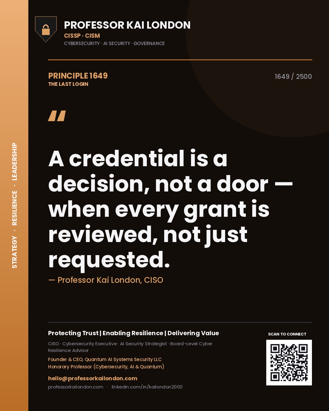 Quote card by Professor Kai London reading 'A credential is a decision, not a door — when every grant is reviewed, not just requested.'. From the book The Last Login.