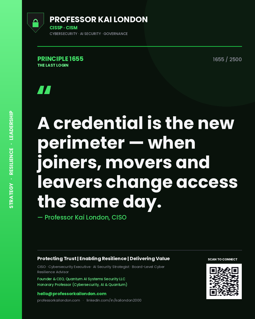 Quote card by Professor Kai London reading 'A credential is the new perimeter — when joiners, movers and leavers change access the same day.'. From the book The Last Login.