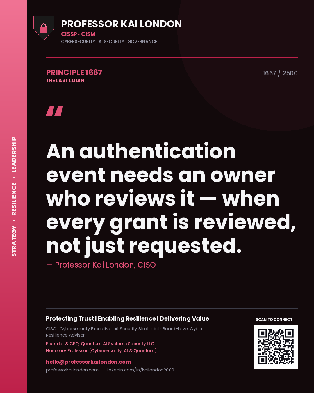 Professor Kai London principle 1667: An authentication event needs an owner who reviews it — when every grant is reviewed, not just requested.