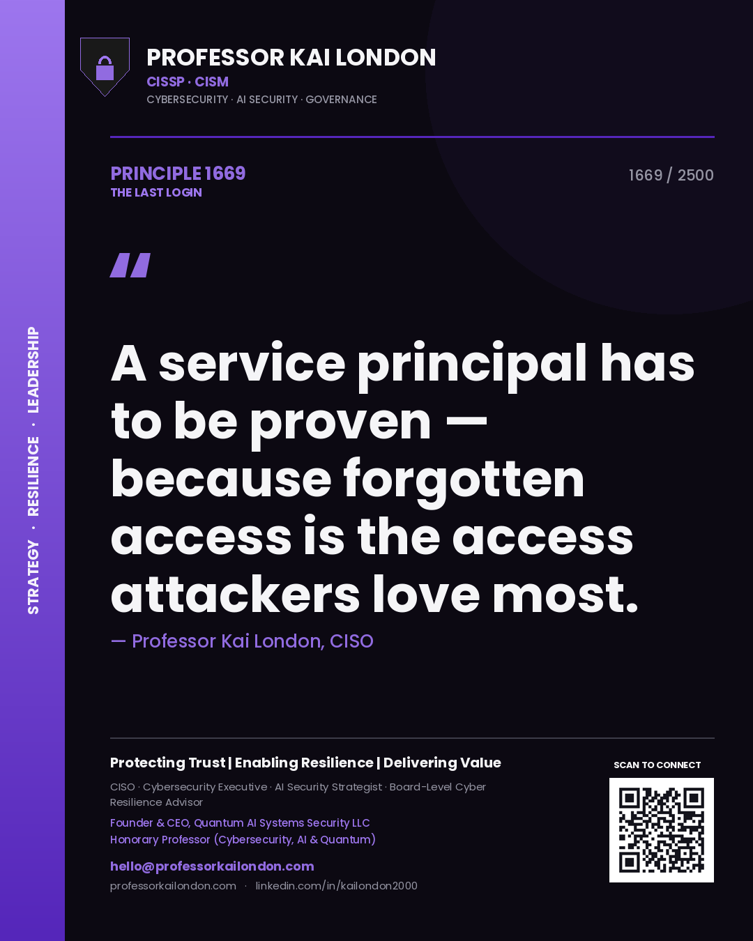 Quote card by Professor Kai London reading 'A service principal has to be proven — because forgotten access is the access attackers love most.'. From the book The Last Login.
