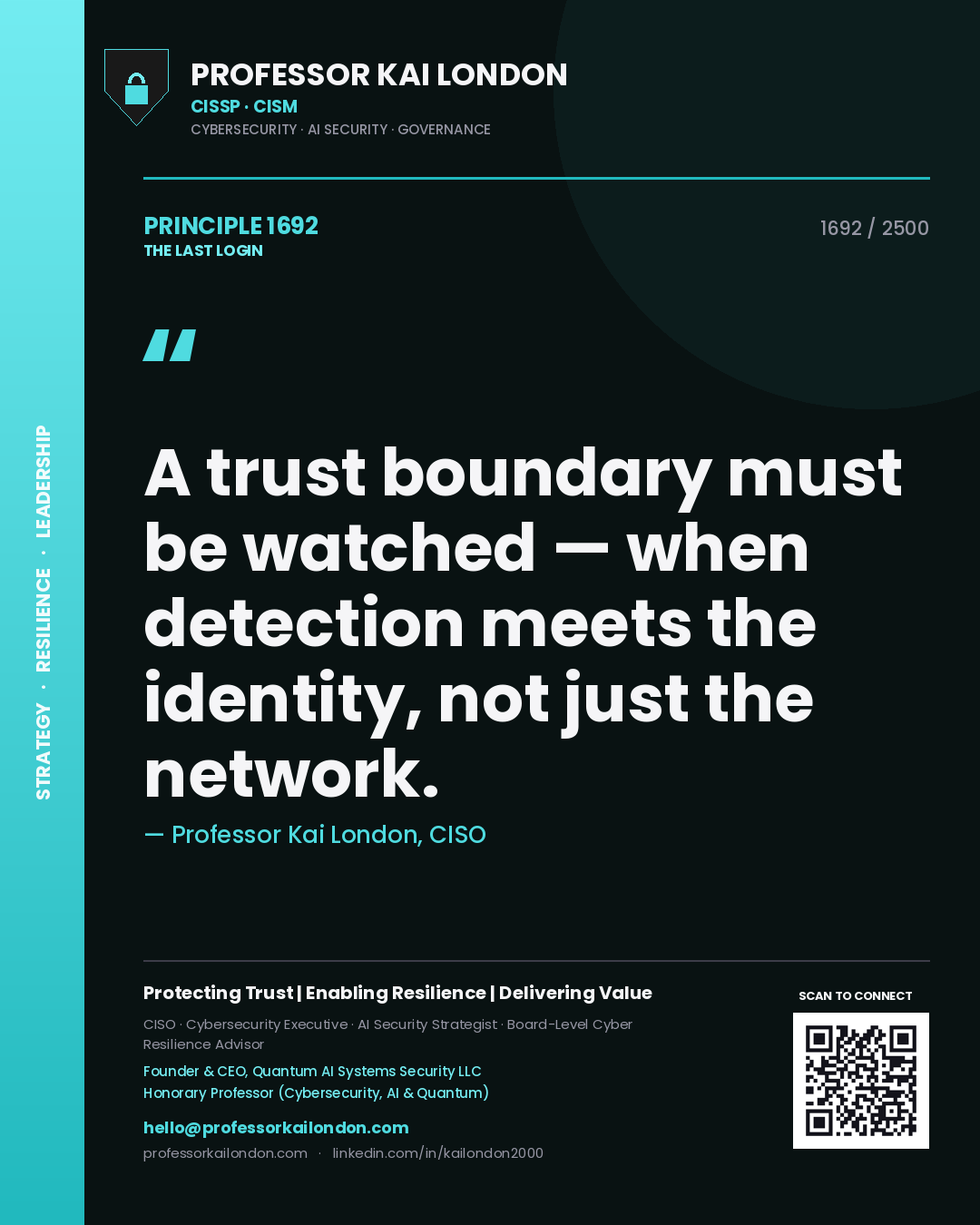 Quote card by Professor Kai London reading 'A trust boundary must be watched — when detection meets the identity, not just the network.'. From the book The Last Login.