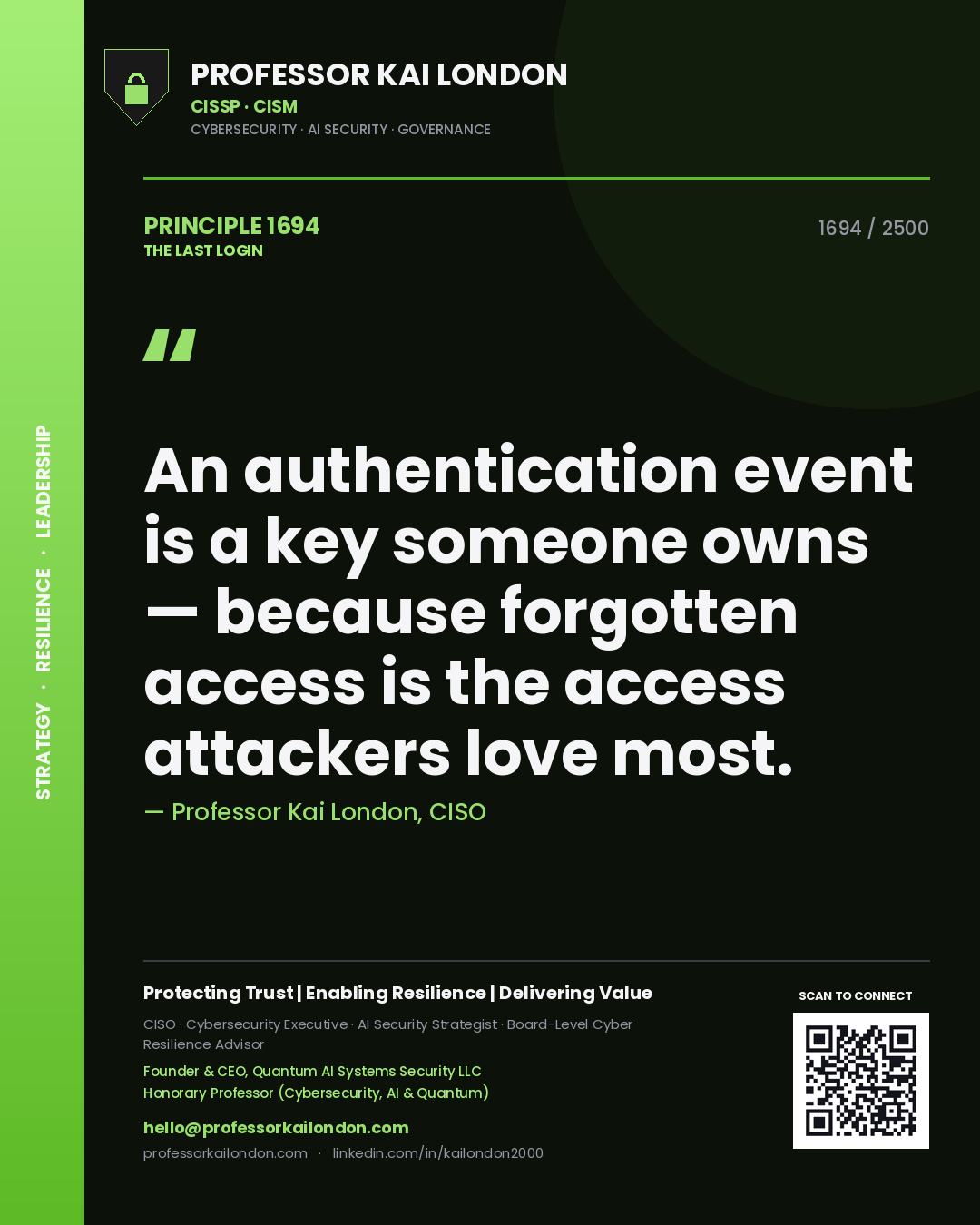 Professor Kai London principle 1694: An authentication event is a key someone owns — because forgotten access is the access attackers love most.