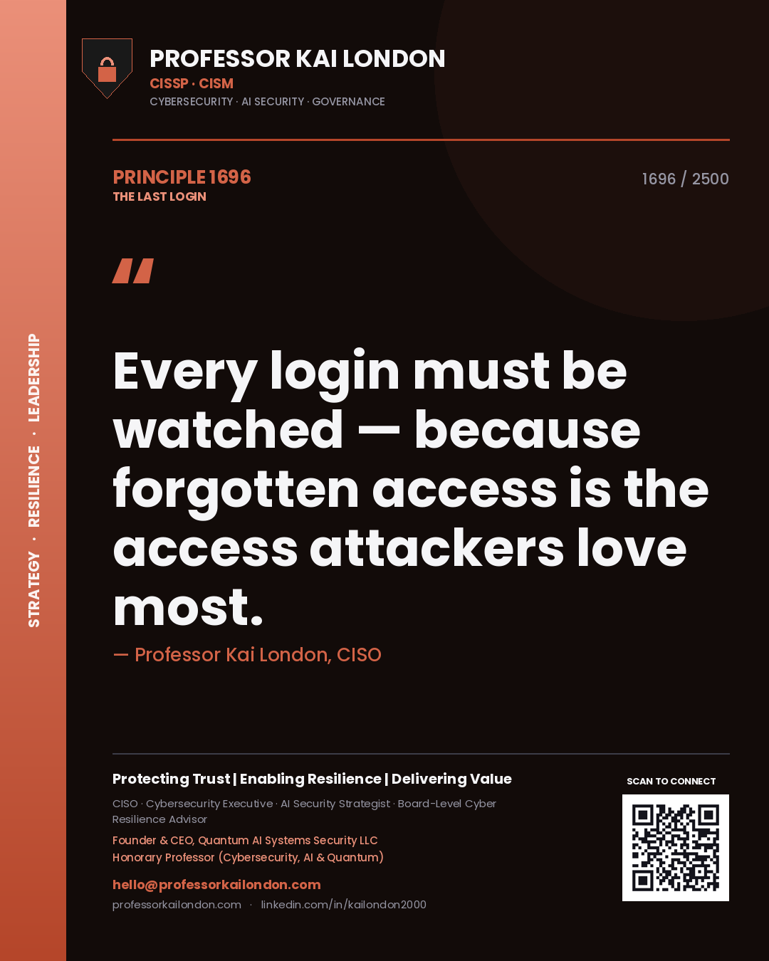 Professor Kai London principle 1696: Every login must be watched — because forgotten access is the access attackers love most.