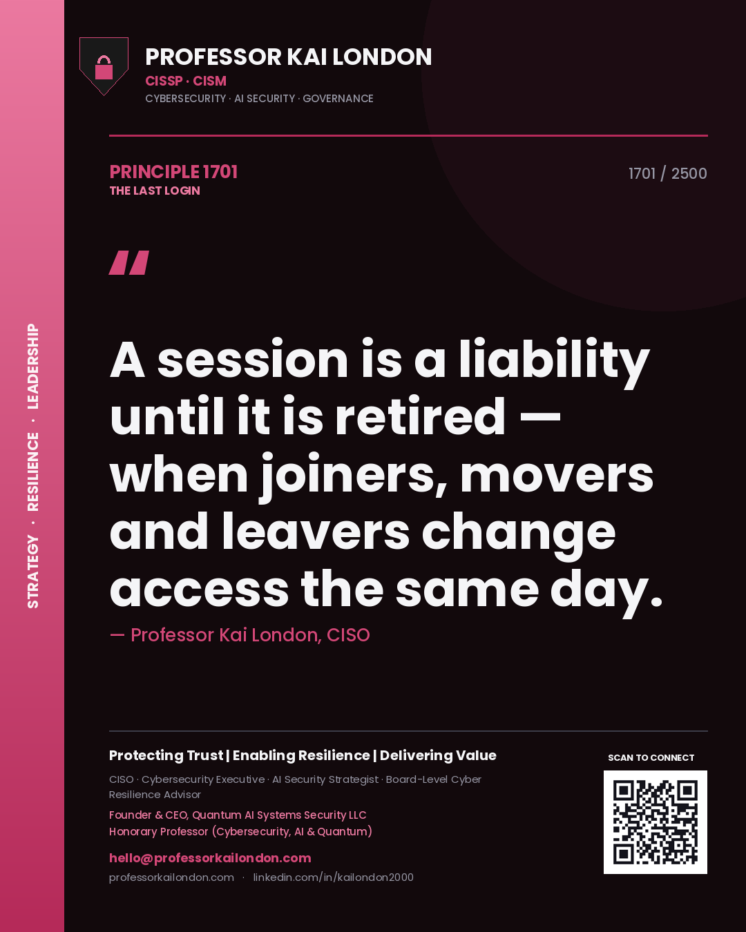 Quote card by Professor Kai London reading 'A session is a liability until it is retired — when joiners, movers and leavers change access the same day.'. From the book The Last Login.