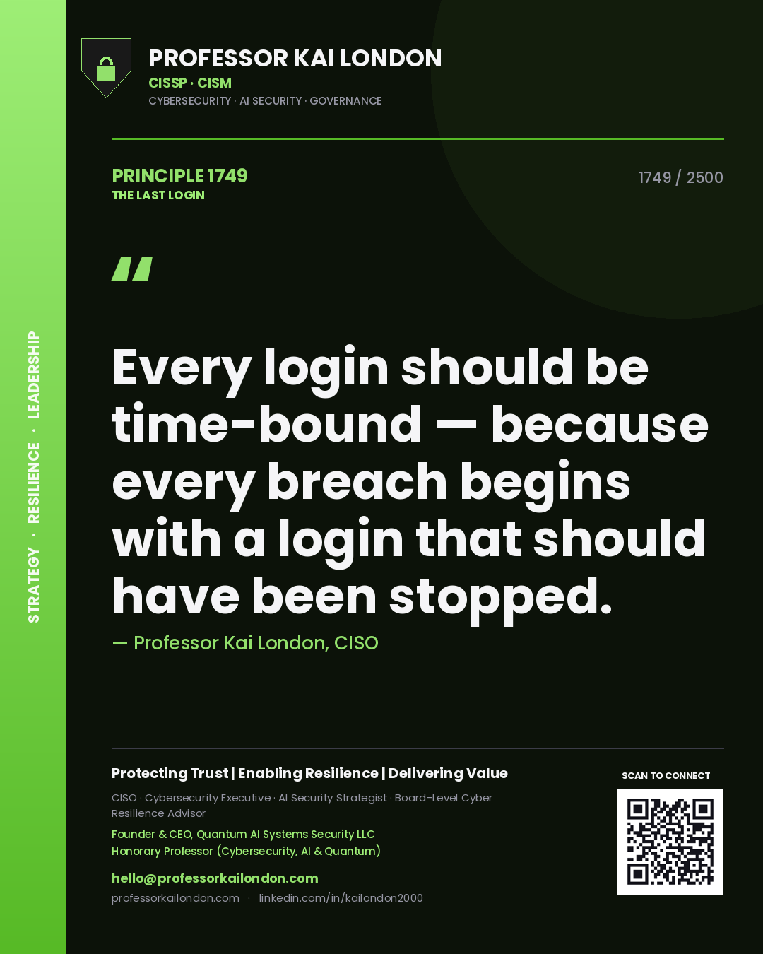Quote card by Professor Kai London reading 'Every login should be time-bound — because every breach begins with a login that should have been stopped.'. From the book The Last Login.