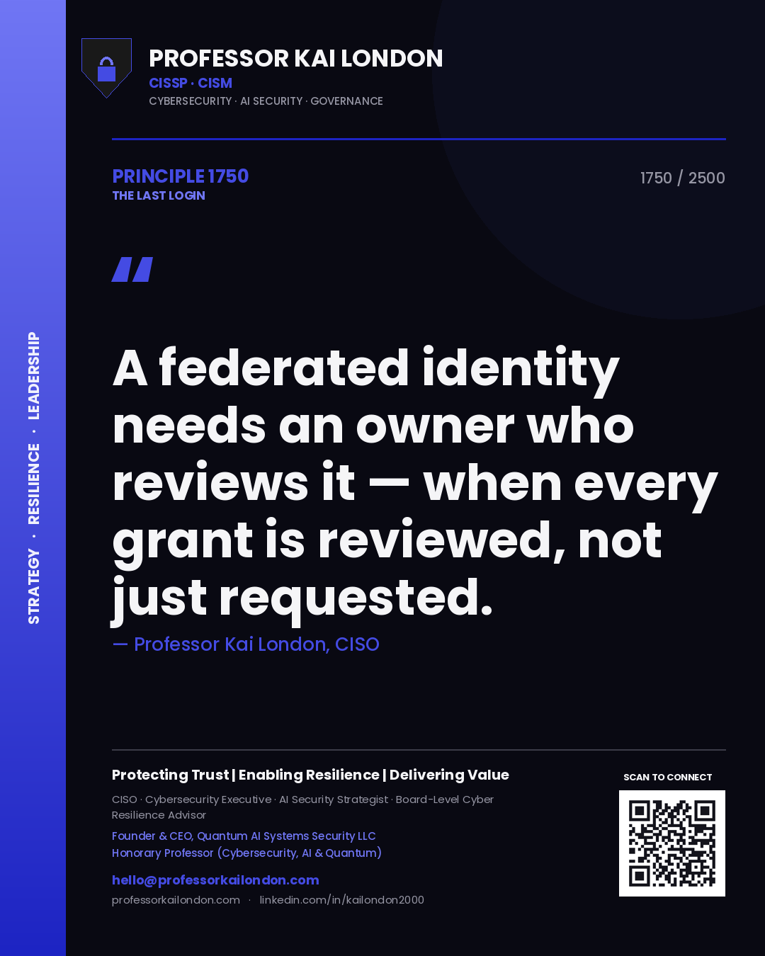 Professor Kai London principle 1750: A federated identity needs an owner who reviews it — when every grant is reviewed, not just requested.