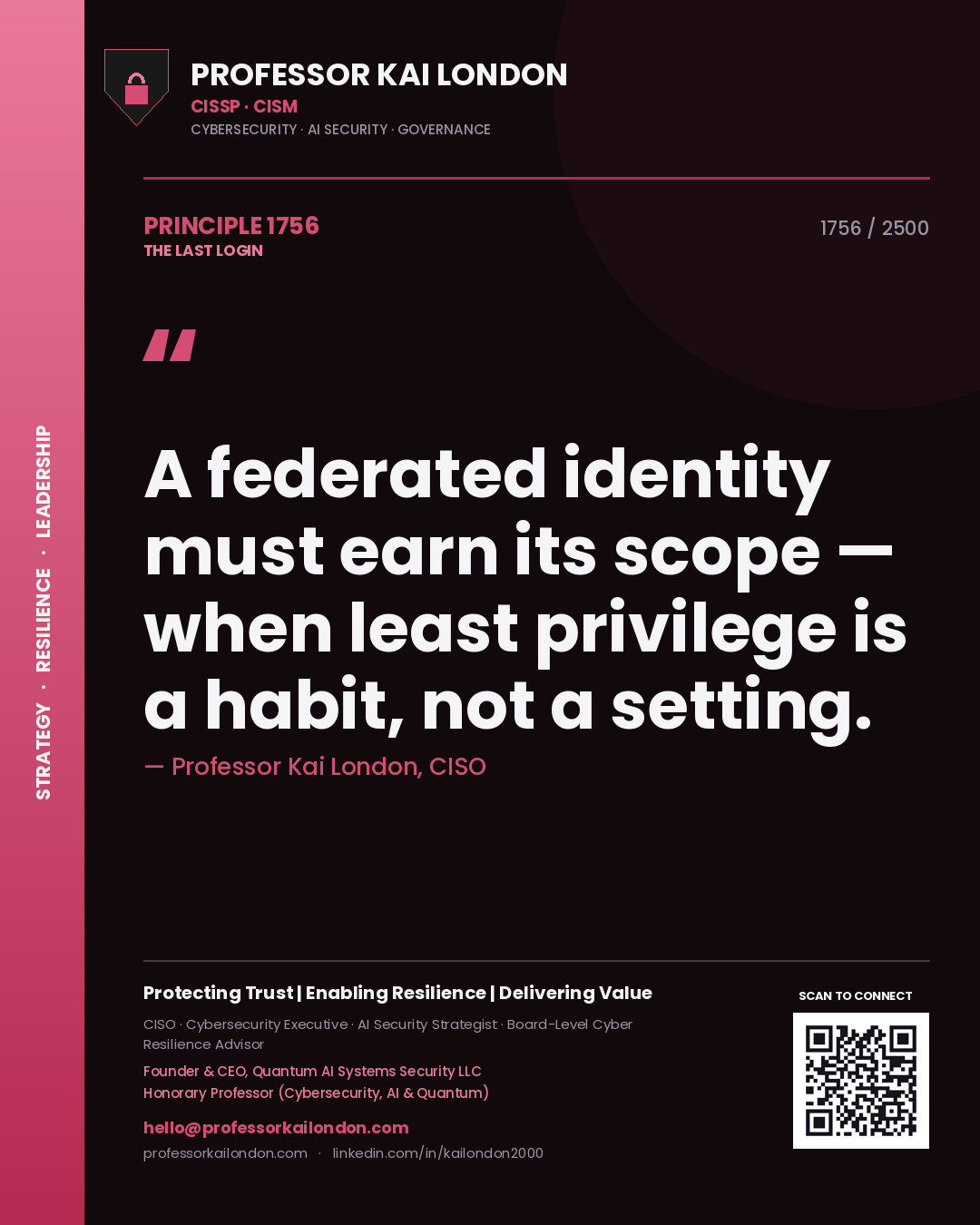 Professor Kai London principle 1756: A federated identity must earn its scope — when least privilege is a habit, not a setting.