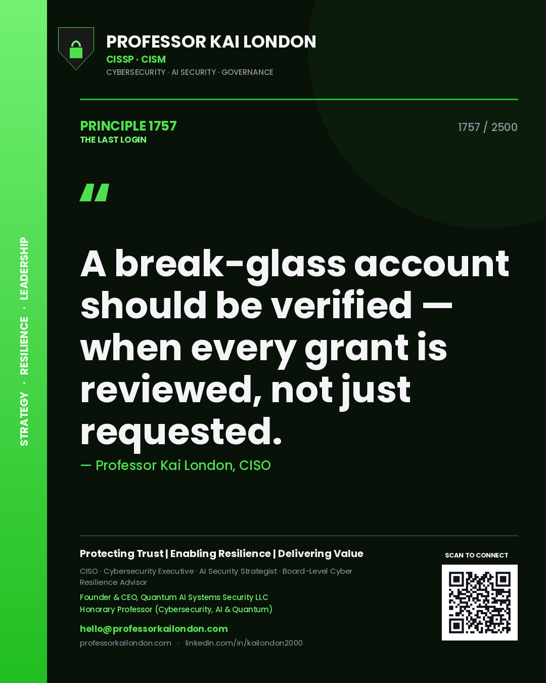 Quote card by Professor Kai London reading 'A break-glass account should be verified — when every grant is reviewed, not just requested.'. From the book The Last Login.
