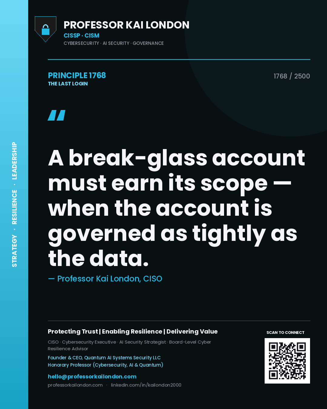 Professor Kai London principle 1768: A break-glass account must earn its scope — when the account is governed as tightly as the data.