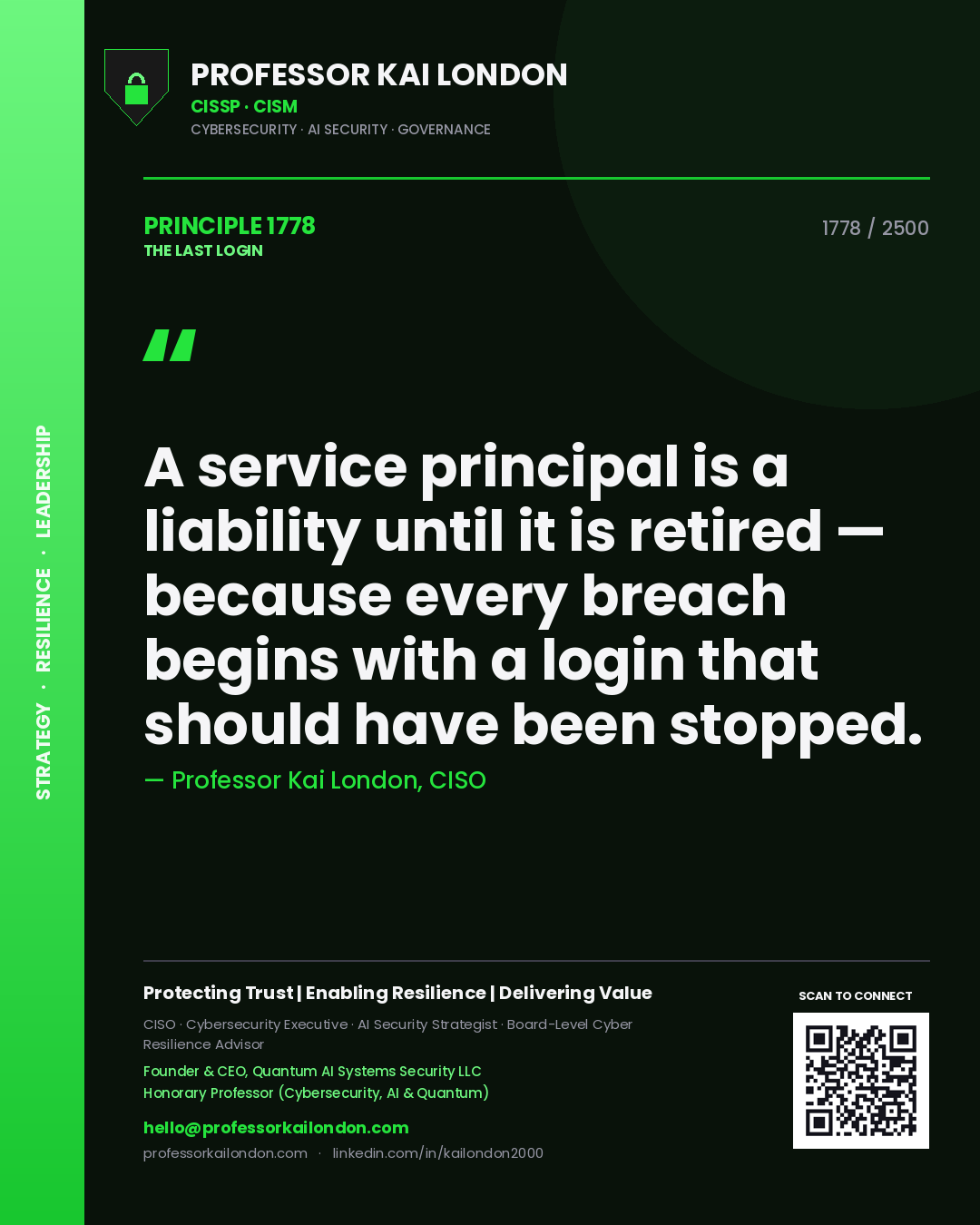 Professor Kai London principle 1778: A service principal is a liability until it is retired — because every breach begins with a login that should have been stopped.