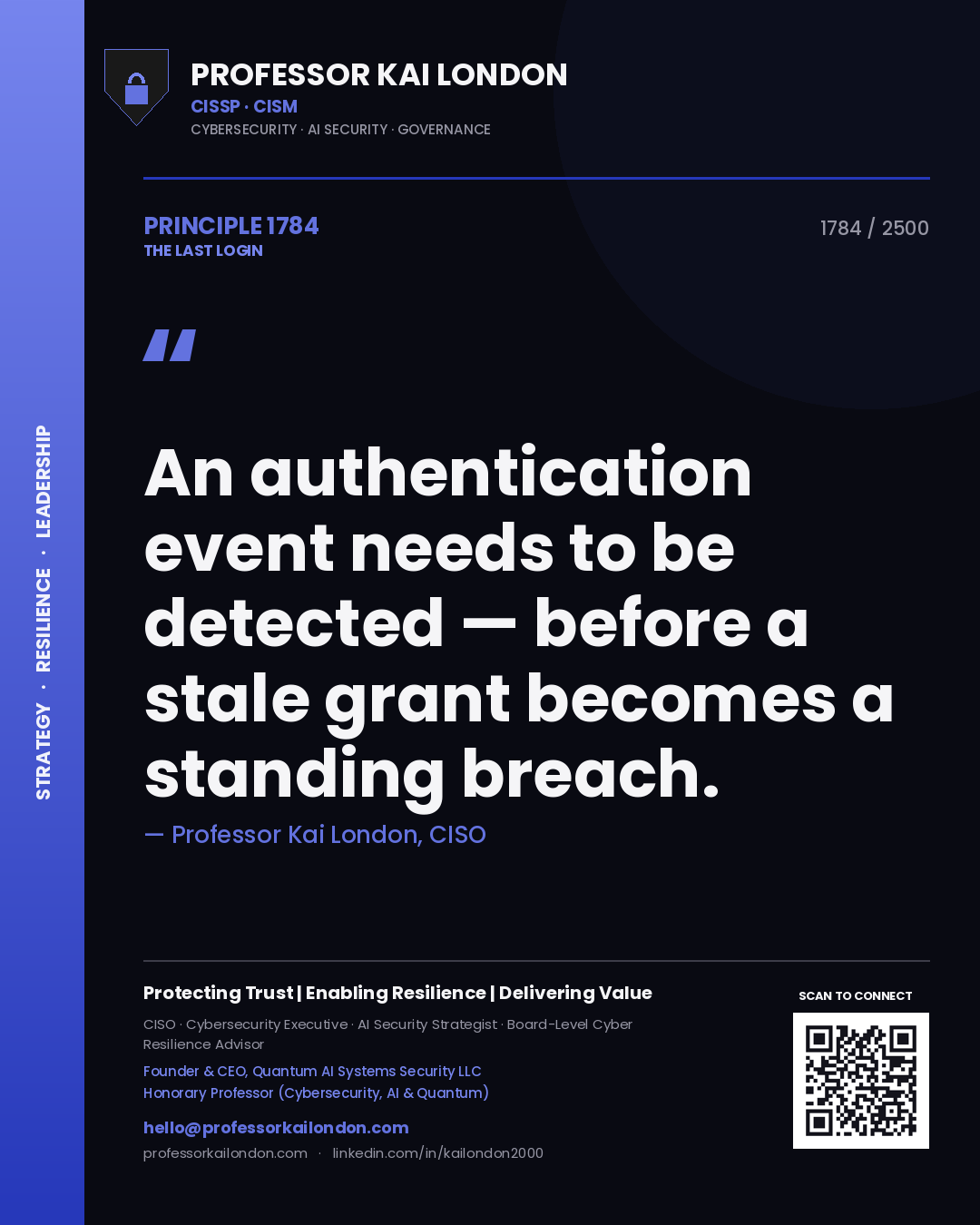 Professor Kai London principle 1784: An authentication event needs to be detected — before a stale grant becomes a standing breach.