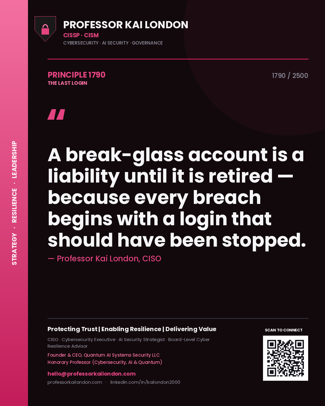 Professor Kai London principle 1790: A break-glass account is a liability until it is retired — because every breach begins with a login that should have been stopped.