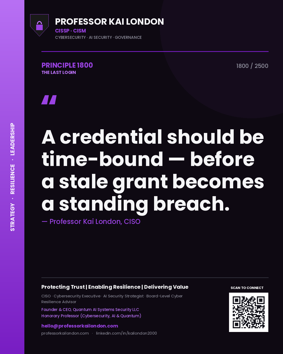 Quote card by Professor Kai London reading 'A credential should be time-bound — before a stale grant becomes a standing breach.'. From the book The Last Login.