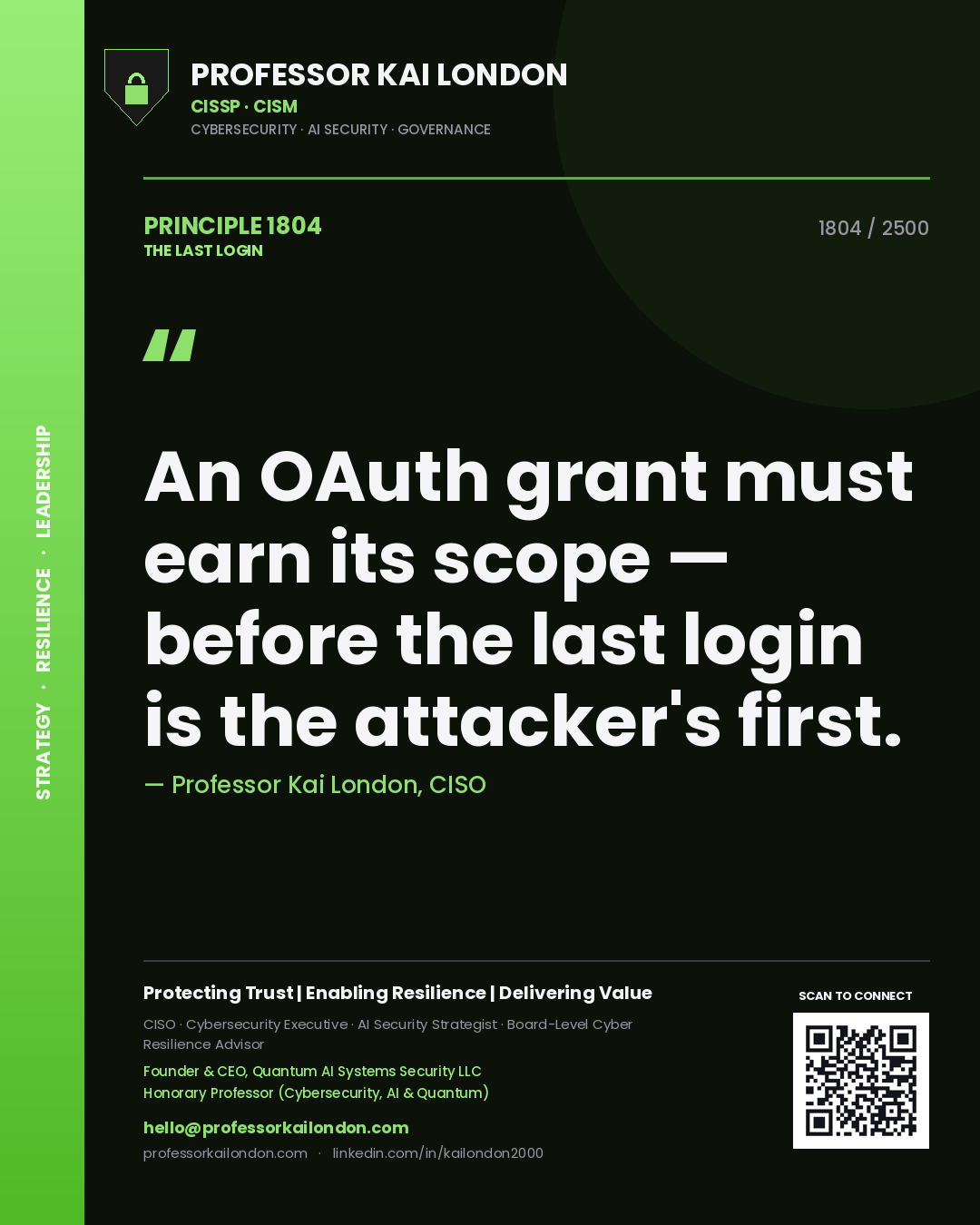 Professor Kai London principle 1804: An OAuth grant must earn its scope — before the last login is the attacker's first.