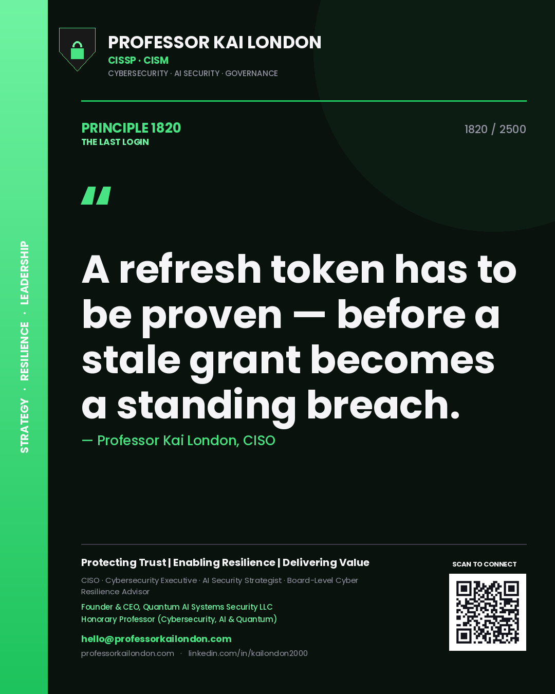 Professor Kai London principle 1820: A refresh token has to be proven — before a stale grant becomes a standing breach.
