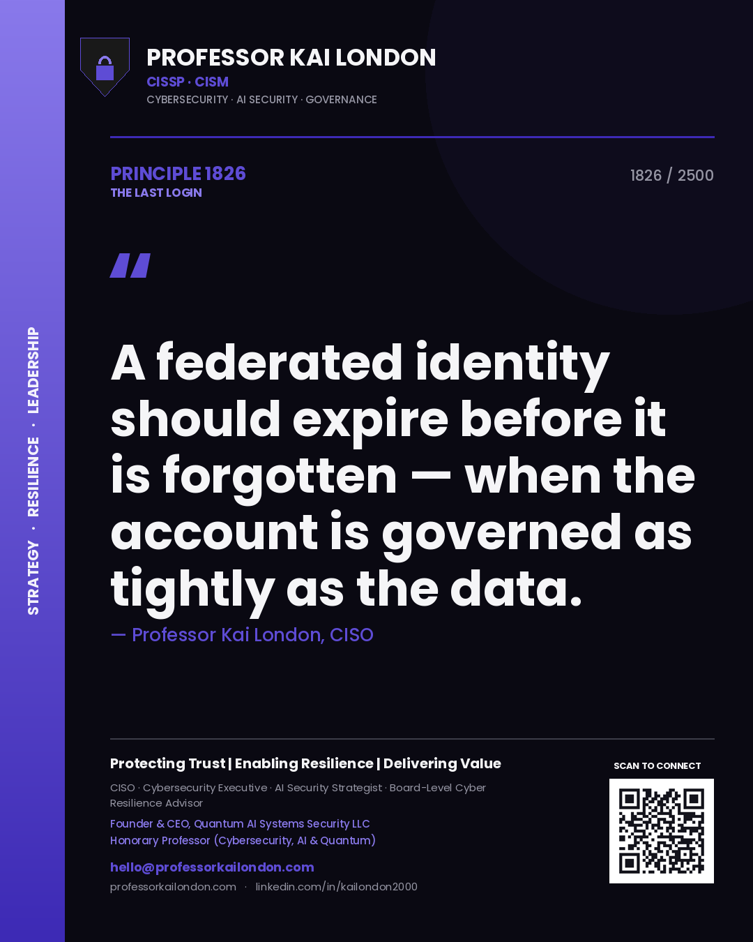 Professor Kai London principle 1826: A federated identity should expire before it is forgotten — when the account is governed as tightly as the data.