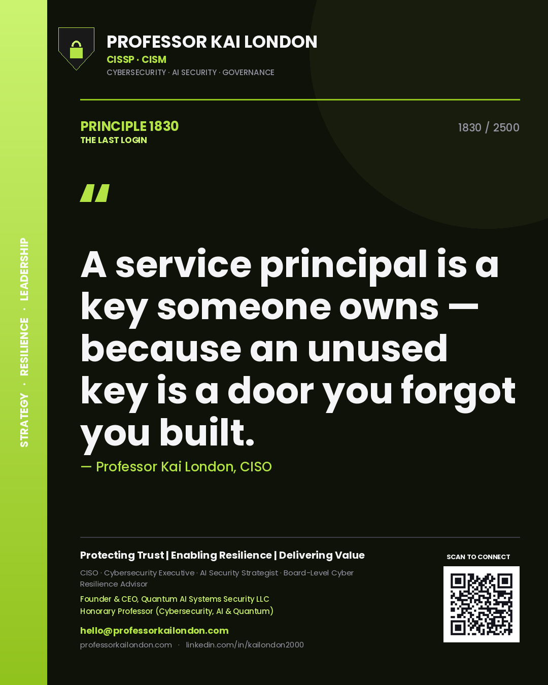 Quote card by Professor Kai London reading 'A service principal is a key someone owns — because an unused key is a door you forgot you built.'. From the book The Last Login.