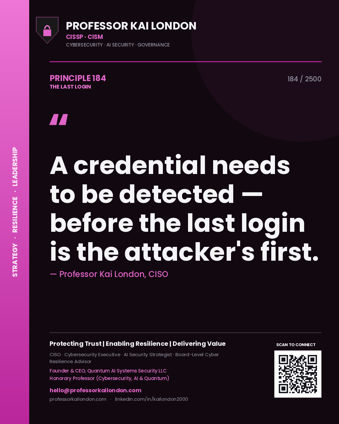 Quote card by Professor Kai London reading 'A credential needs to be detected — before the last login is the attacker's first.'. From the book The Last Login.