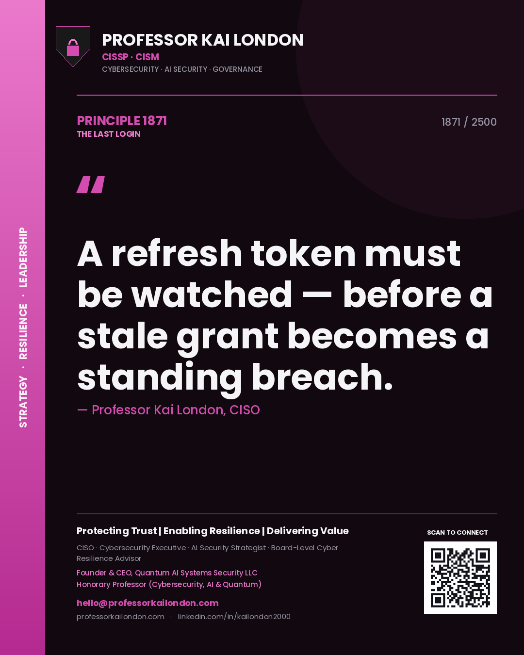 Quote card by Professor Kai London reading 'A refresh token must be watched — before a stale grant becomes a standing breach.'. From the book The Last Login.