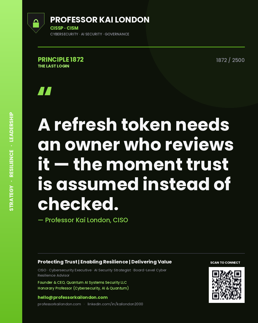Quote card by Professor Kai London reading 'A refresh token needs an owner who reviews it — the moment trust is assumed instead of checked.'. From the book The Last Login.