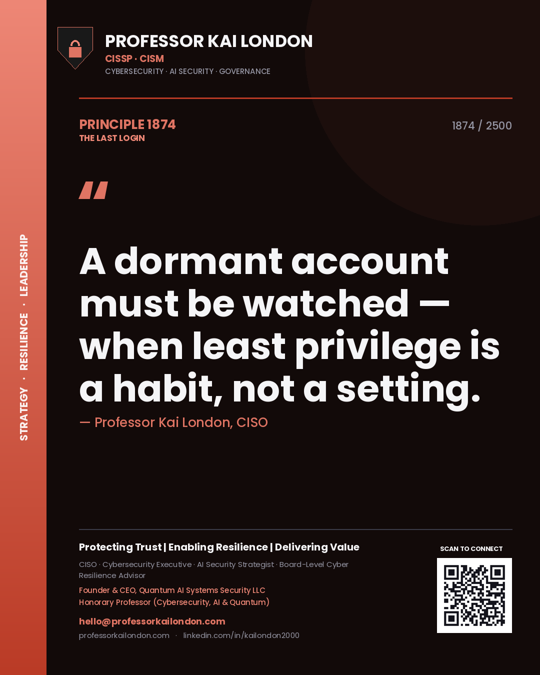 Professor Kai London principle 1874: A dormant account must be watched — when least privilege is a habit, not a setting.