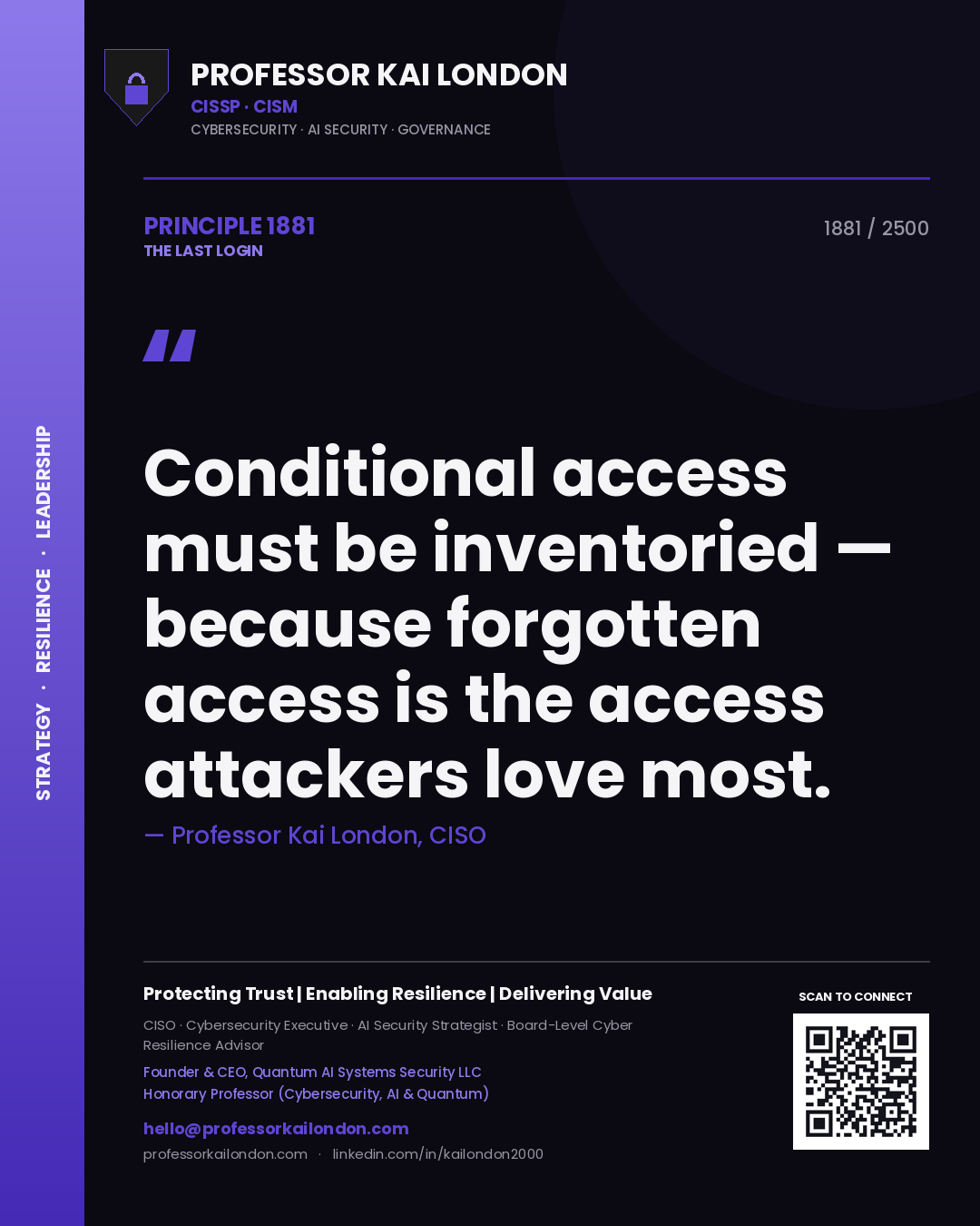 Professor Kai London principle 1881: Conditional access must be inventoried — because forgotten access is the access attackers love most.