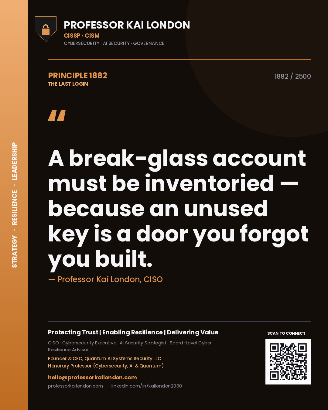 Professor Kai London principle 1882: A break-glass account must be inventoried — because an unused key is a door you forgot you built.