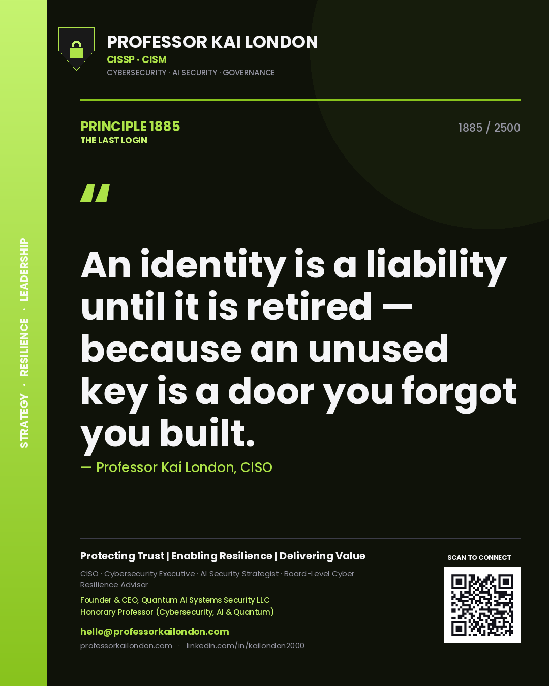 Quote card by Professor Kai London reading 'An identity is a liability until it is retired — because an unused key is a door you forgot you built.'. From the book The Last Login.