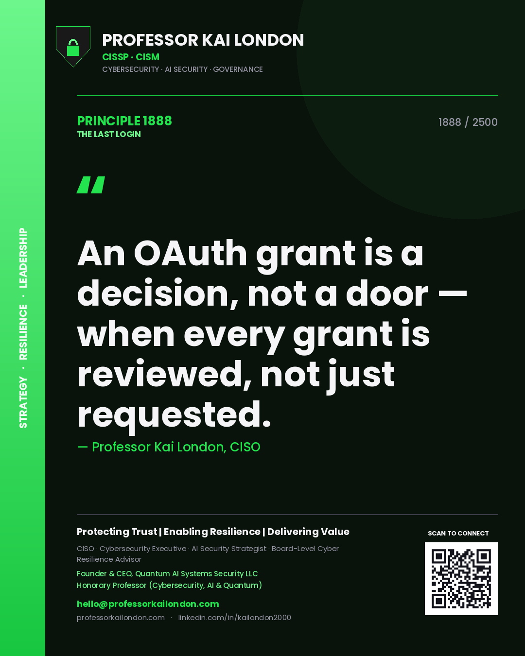 Quote card by Professor Kai London reading 'An OAuth grant is a decision, not a door — when every grant is reviewed, not just requested.'. From the book The Last Login.