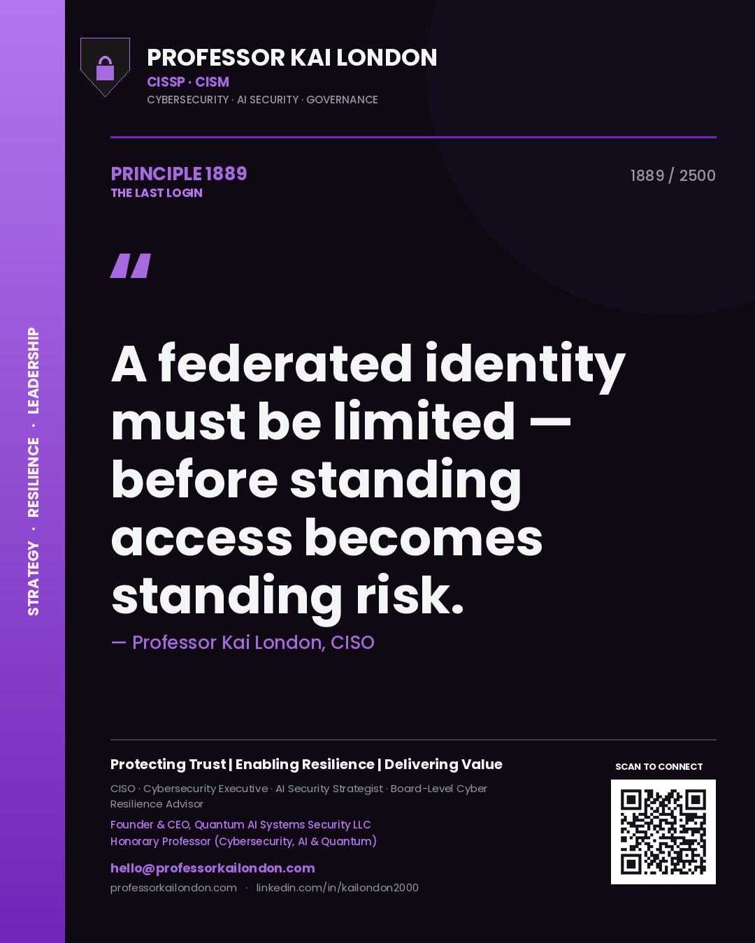 Quote card by Professor Kai London reading 'A federated identity must be limited — before standing access becomes standing risk.'. From the book The Last Login.