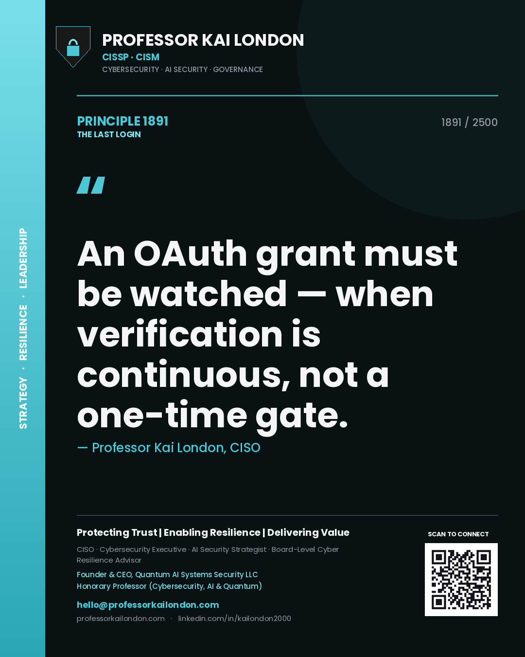 Quote card by Professor Kai London reading 'An OAuth grant must be watched — when verification is continuous, not a one-time gate.'. From the book The Last Login.