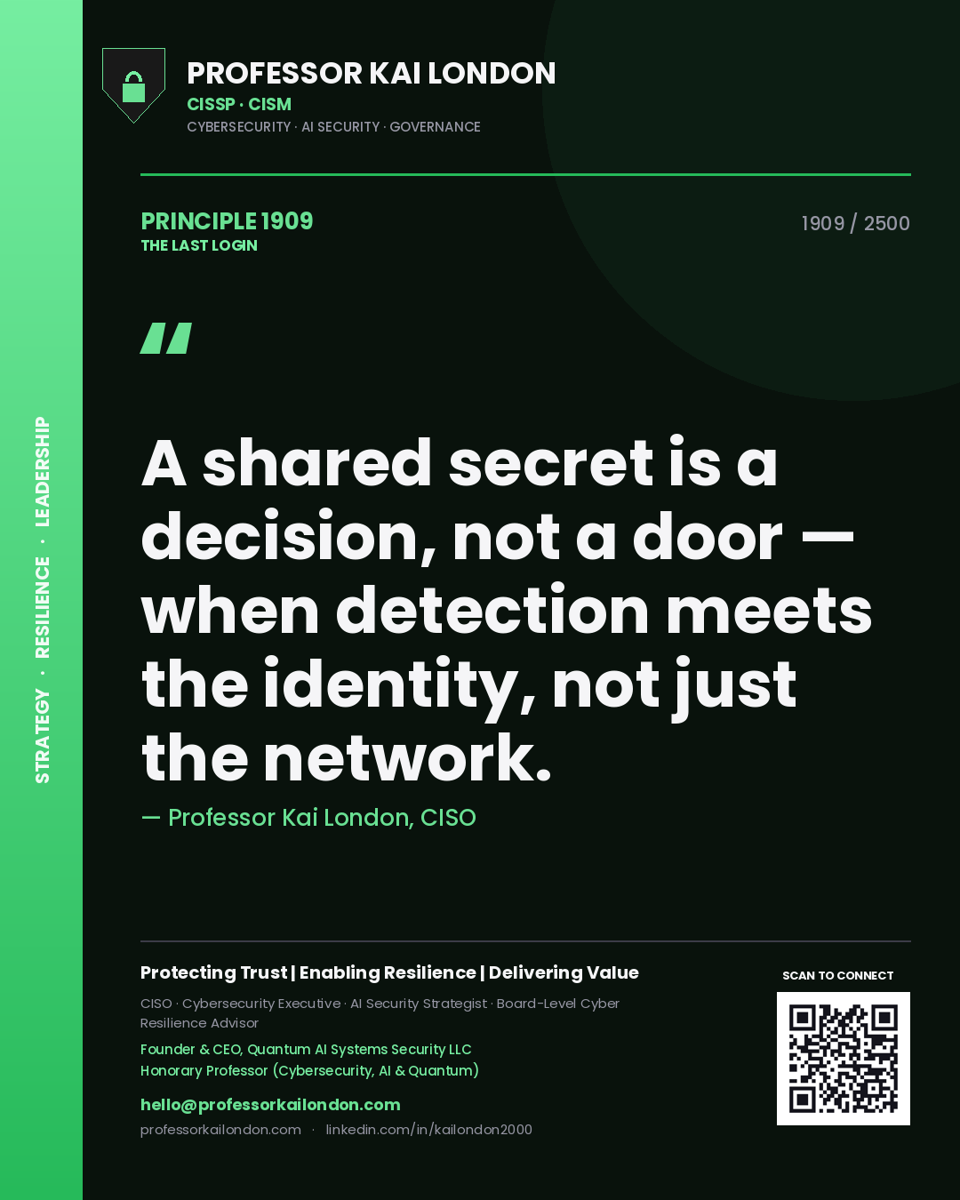 Quote card by Professor Kai London reading 'A shared secret is a decision, not a door — when detection meets the identity, not just the network.'. From the book The Last Login.