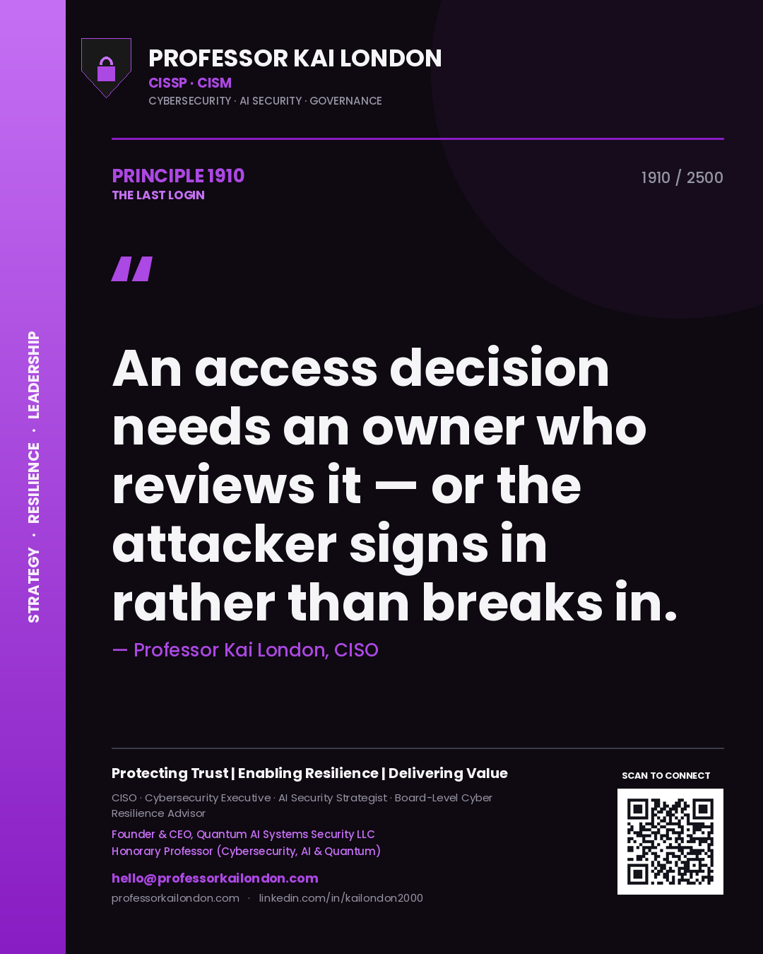 Professor Kai London principle 1910: An access decision needs an owner who reviews it — or the attacker signs in rather than breaks in.