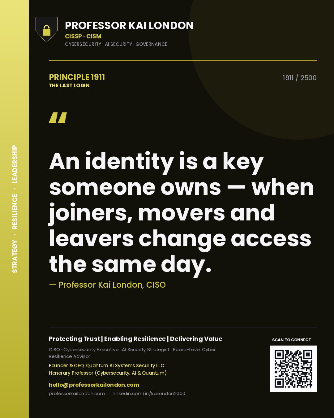 Quote card by Professor Kai London reading 'An identity is a key someone owns — when joiners, movers and leavers change access the same day.'. From the book The Last Login.