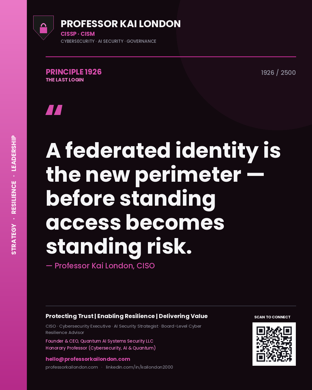 Professor Kai London principle 1926: A federated identity is the new perimeter — before standing access becomes standing risk.