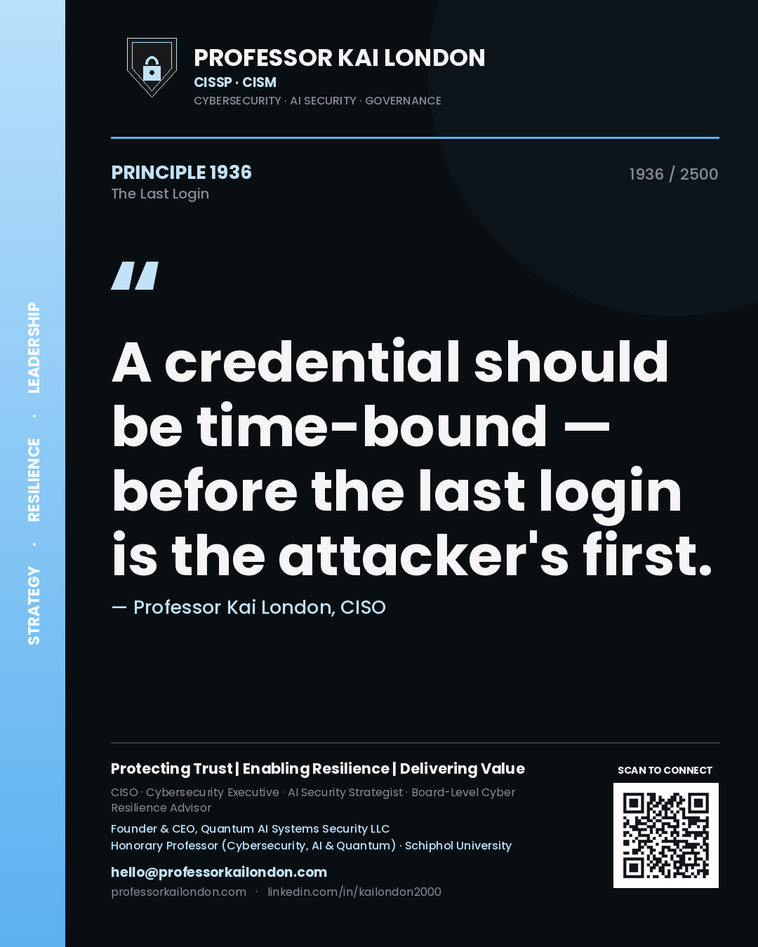 Professor Kai London principle 1936: A credential should be time-bound — before the last login is the attacker's first.