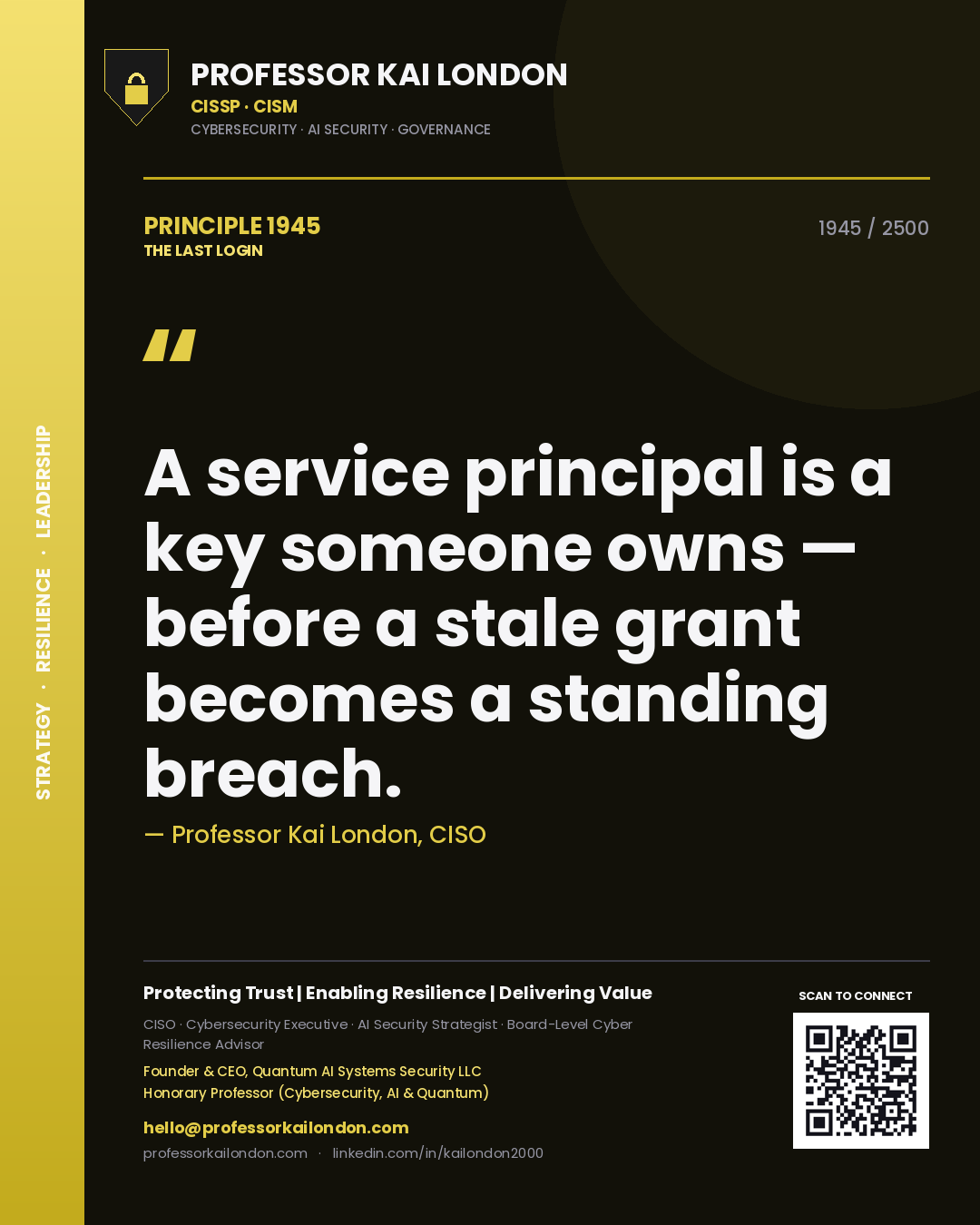 Professor Kai London principle 1945: A service principal is a key someone owns — before a stale grant becomes a standing breach.