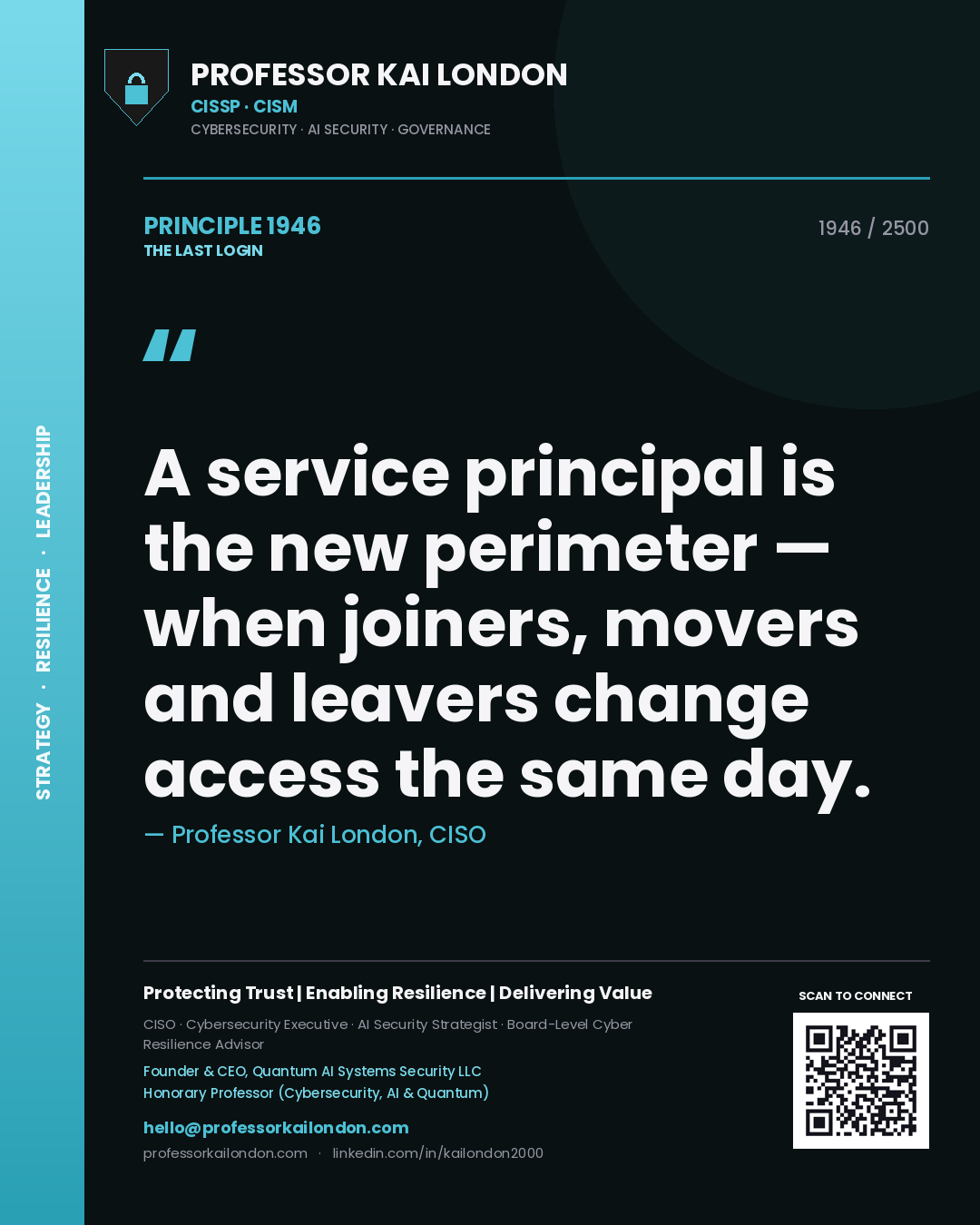 Quote card by Professor Kai London reading 'A service principal is the new perimeter — when joiners, movers and leavers change access the same day.'. From the book The Last Login.