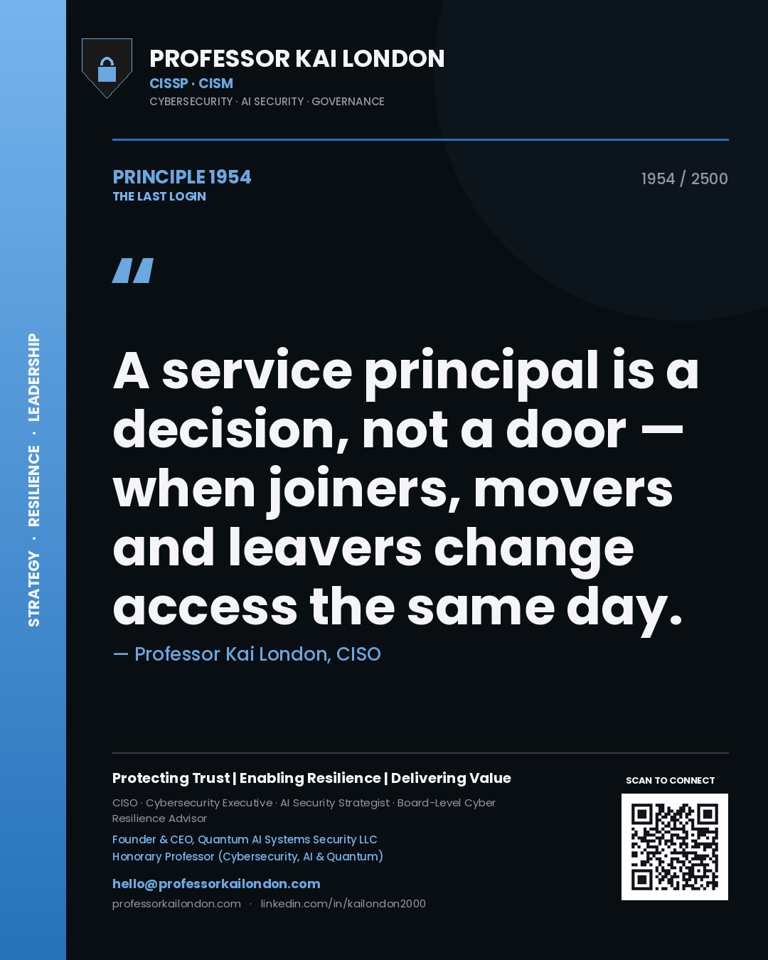 Quote card by Professor Kai London reading 'A service principal is a decision, not a door — when joiners, movers and leavers change access the same day.'. From the book The Last Login.