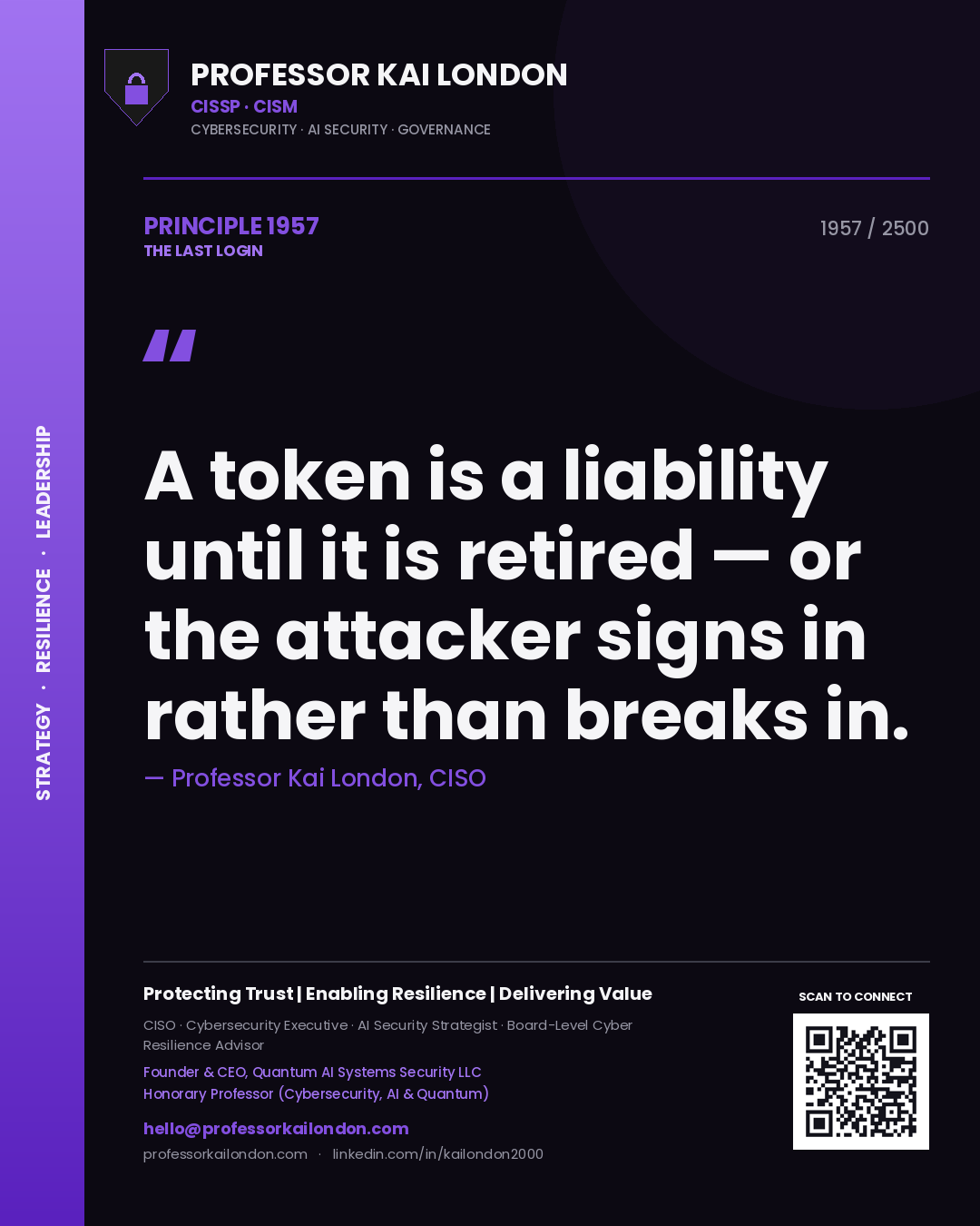 Professor Kai London principle 1957: A token is a liability until it is retired — or the attacker signs in rather than breaks in.