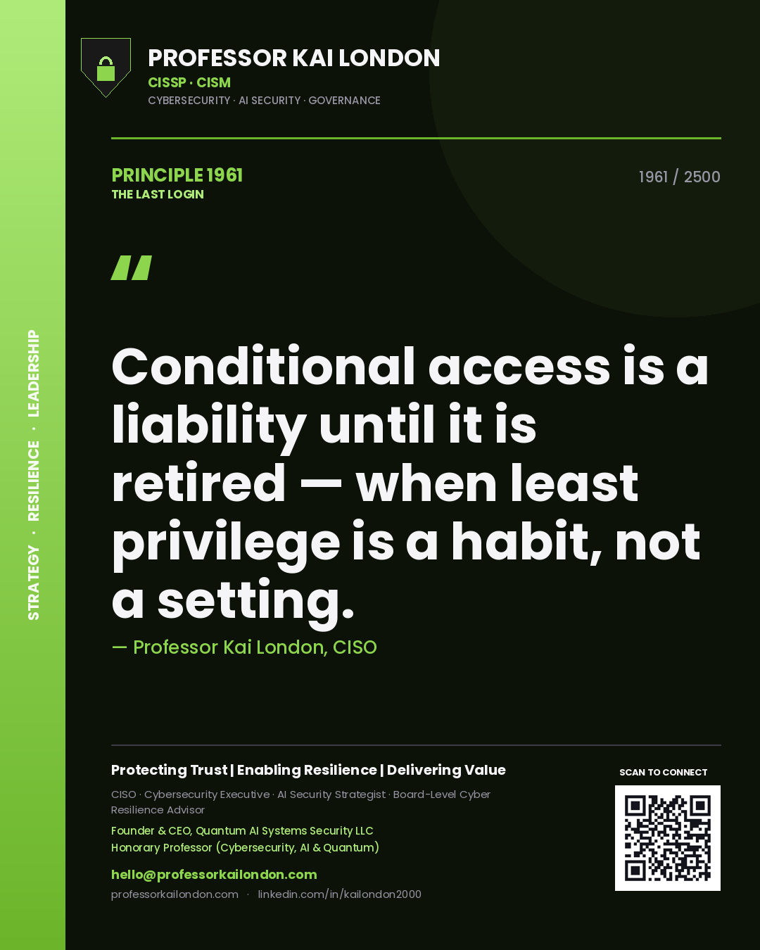 Professor Kai London principle 1961: Conditional access is a liability until it is retired — when least privilege is a habit, not a setting.
