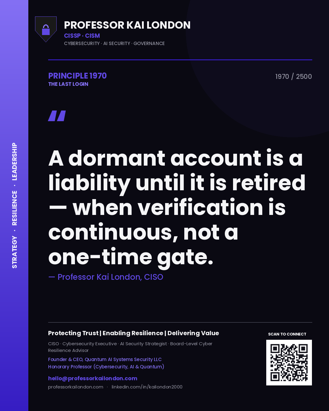 Professor Kai London principle 1970: A dormant account is a liability until it is retired — when verification is continuous, not a one-time gate.