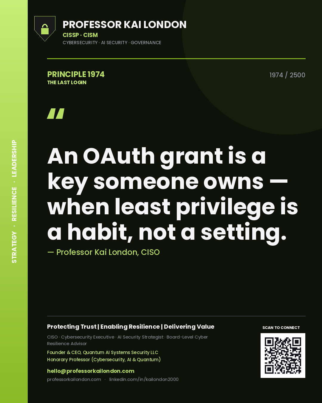 Quote card by Professor Kai London reading 'An OAuth grant is a key someone owns — when least privilege is a habit, not a setting.'. From the book The Last Login.