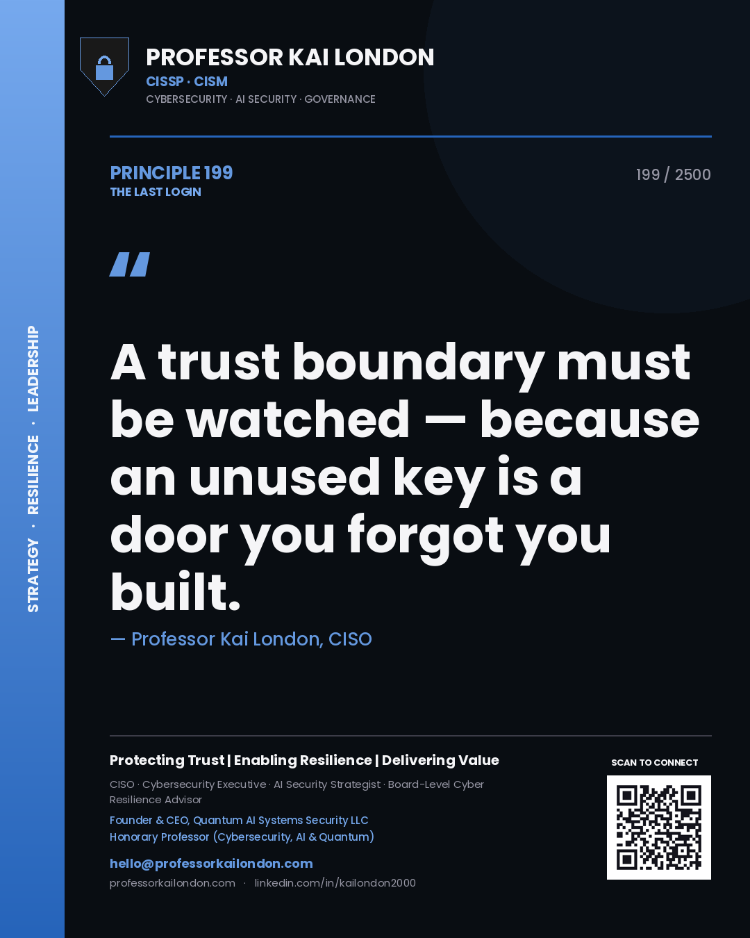 Quote card by Professor Kai London reading 'A trust boundary must be watched — because an unused key is a door you forgot you built.'. From the book The Last Login.