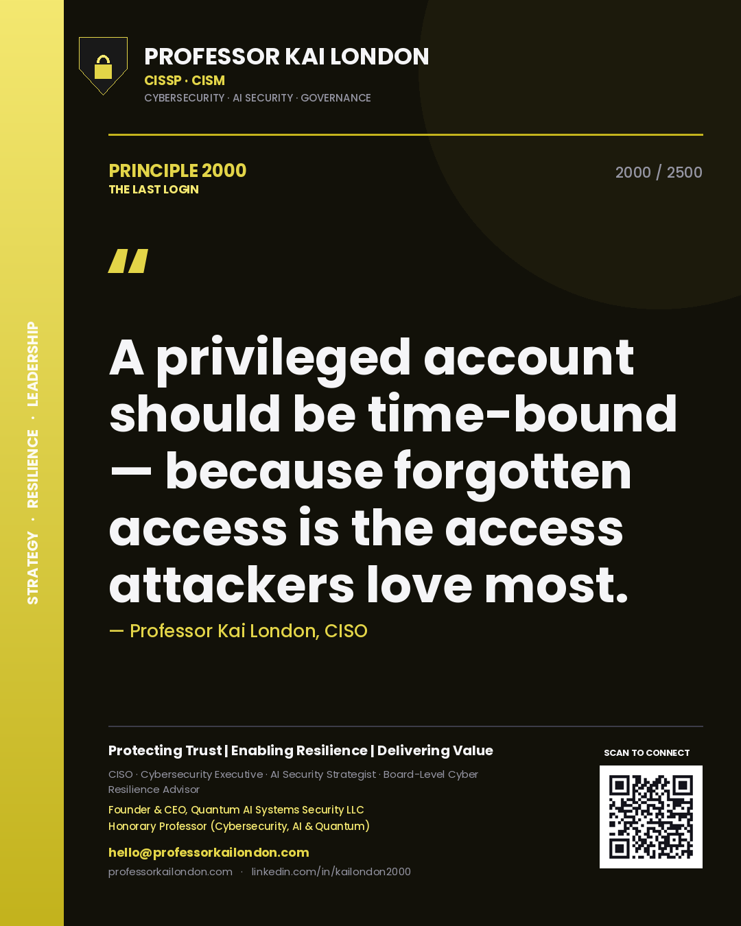 Professor Kai London principle 2000: A privileged account should be time-bound — because forgotten access is the access attackers love most.