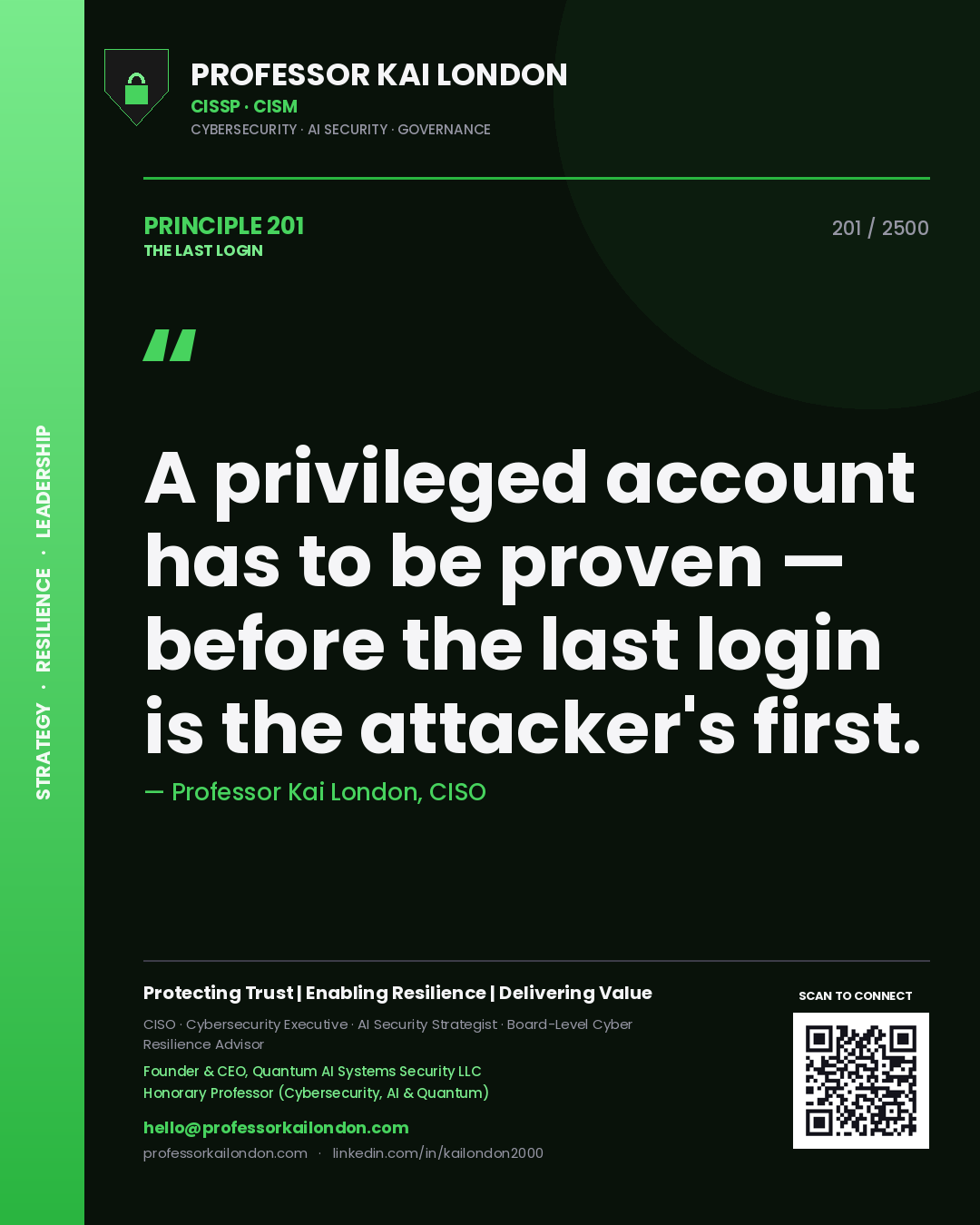 Quote card by Professor Kai London reading 'A privileged account has to be proven — before the last login is the attacker's first.'. From the book The Last Login.