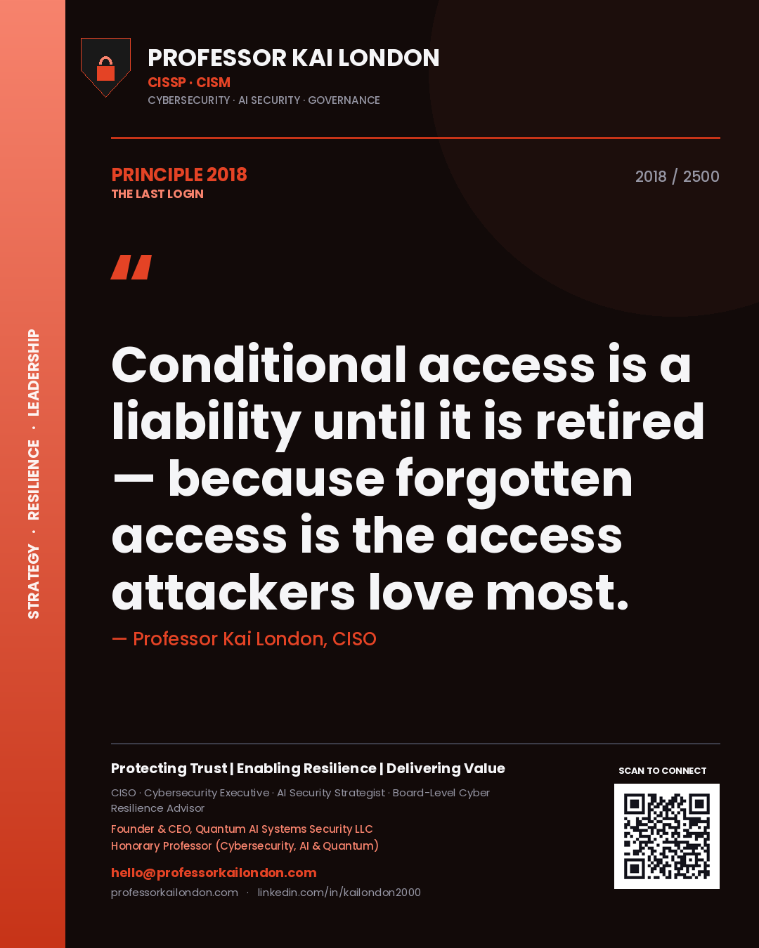 Quote card by Professor Kai London reading 'Conditional access is a liability until it is retired — because forgotten access is the access attackers love most.'. From the book The Last Login.